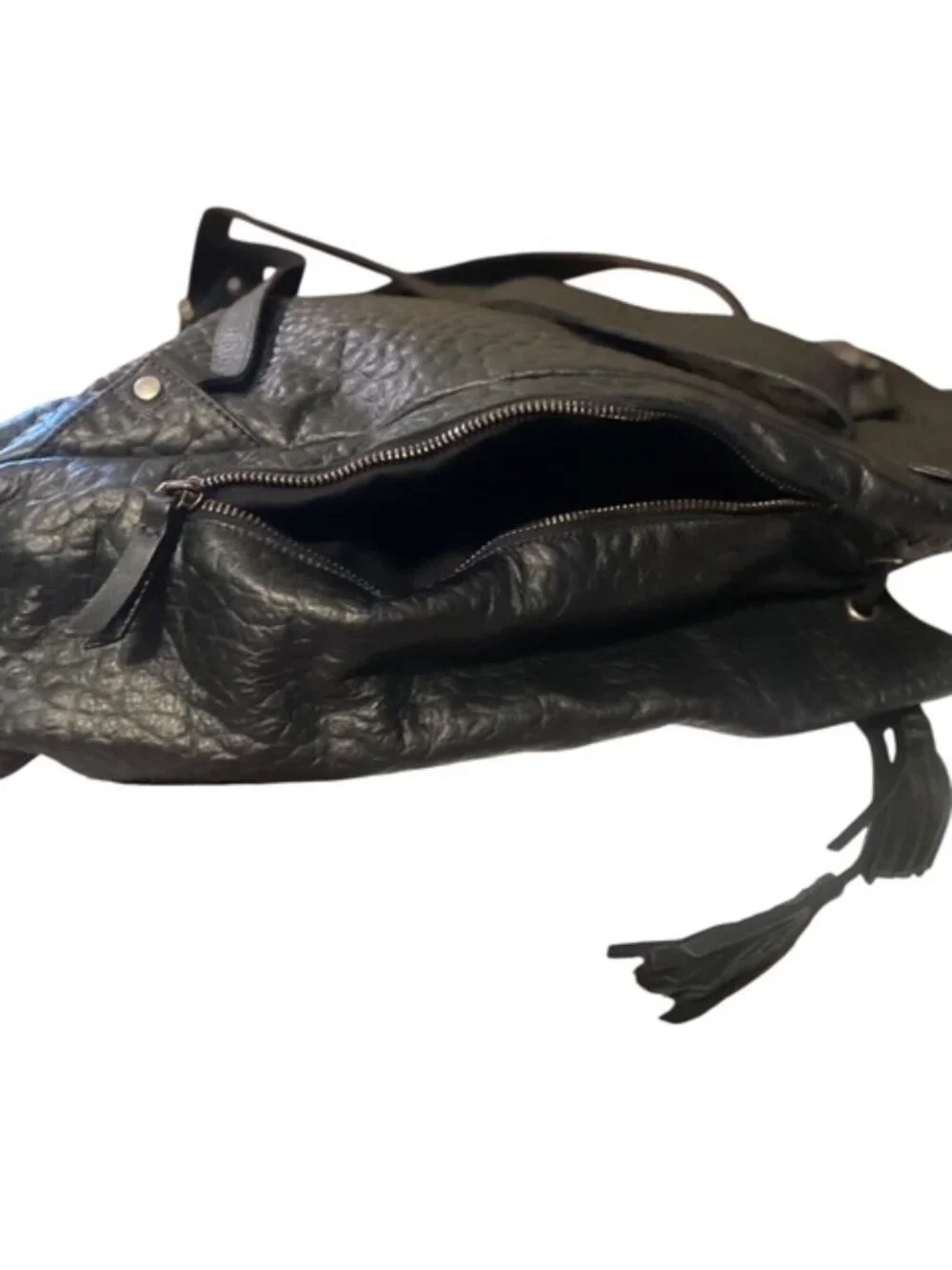 NWT Eileen Fisher Black Pebbled Leather Tassel Backpack- includes dustbag